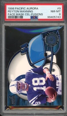 1998 PACIFIC AURORA #9 PEYTON MANNING NM-MT PSA 8 FACE MASK CEL-FUSIONS ROOKIE - Image 1 of 2