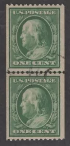 US Sc#385 used, fine-VF, guide line coil pair, Cv. $850 - Picture 1 of 2