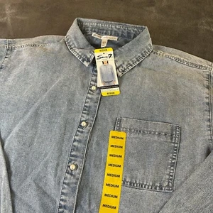 Seven7 Denim Button Up Shirt Long Sleeve Pearl Button Blue Womens Medium NWT - Picture 1 of 11