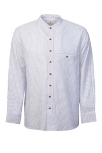 Grandfather Shirt Irish Linen Navy White Stripe Collarless Long Sleeve - Picture 1 of 6
