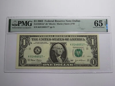 $1 2003 Federal Reserve Star Note Currency Bank Note Bill Choice Gem 65EPQ PMG - Image 1 of 3