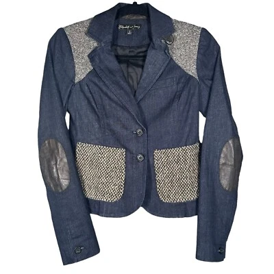 Blazer Chaqueta Elizabeth & James Denim Jeans Ajustada Cuero Cordero Parche en el Codo Talla 2 Foto 1 de 4