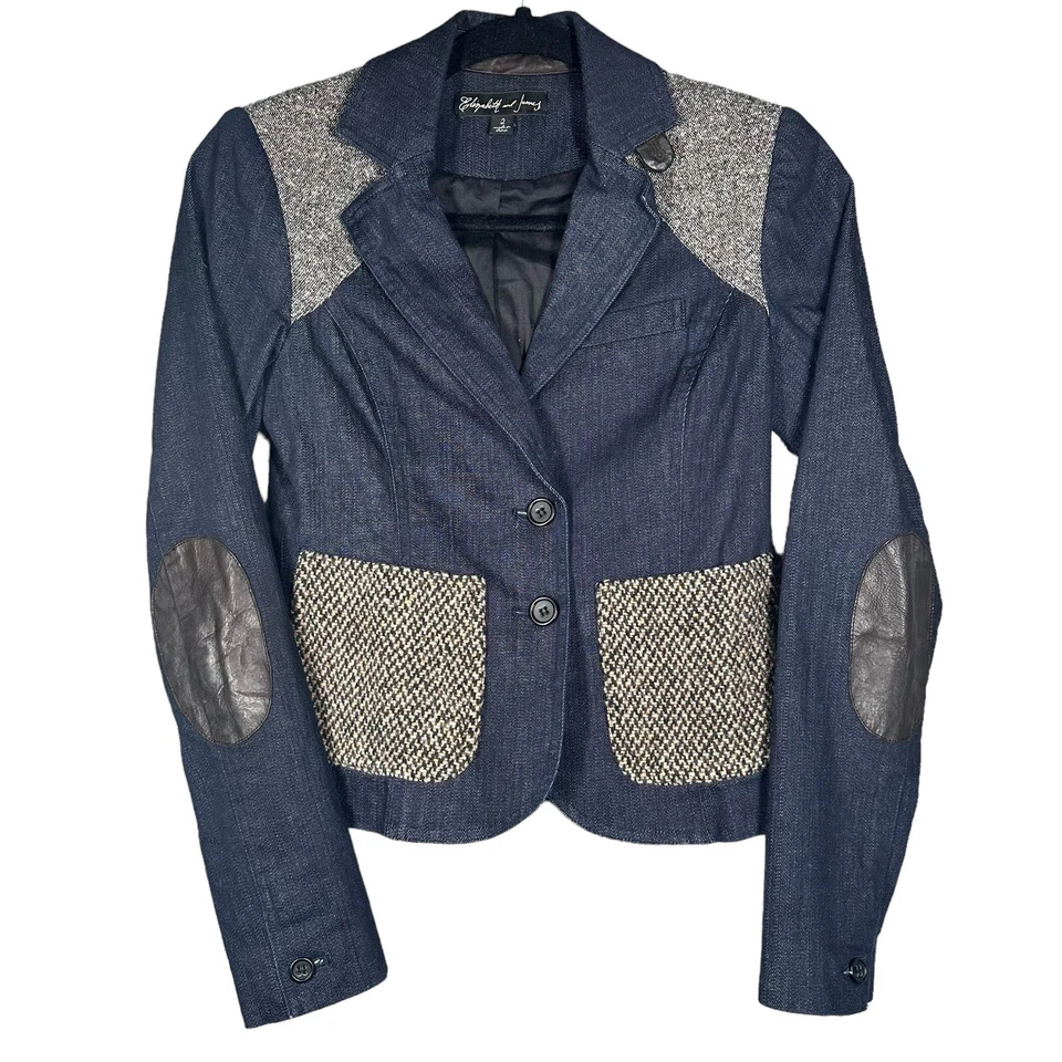 Elizabeth & James Denim Jeans Fitted Blazer Jacket Lamb Leather Elbow Patch Sz 2 - Image 1 of 4