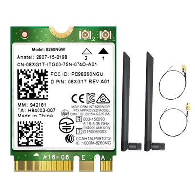 8260 8260NGW WiFi Card+2X8DB Antenna 2.4G/5Ghz 867M Bluetooth 4.2 NGFF M.24933 - Image 1 of 4