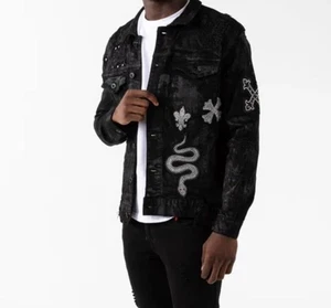 Smoke Rise Herren schwarz abgenutzt Langarm Super Stretch Denim Biker Jacke - Bild 1 von 13