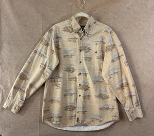 Woolrich Canvas Shirt Mens Sz L Beige Yellow Elk Print Pocket Hunting Fishing - Picture 1 of 8