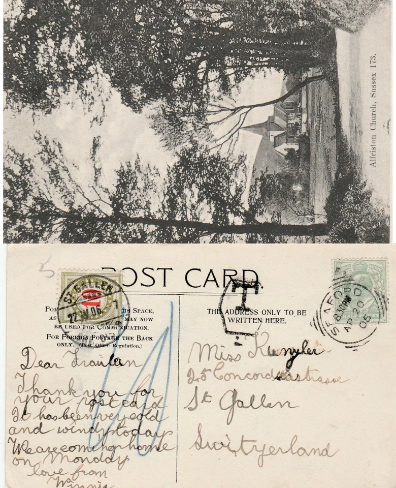 GB to Switzerland SEAFORD squared circle EVII halfpenny POSTAGE DUE ppc 1906 - Image 1 of 1