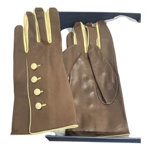 Aspinal of London Ladies Leather Gloves Brown Cream Button Detail Boxed Gift - Picture 1 of 7