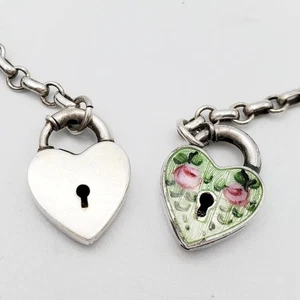 Vintage Sterling & Guilloche Enamel Floral Heart Lock Charms 7” Bracelet Green - Picture 1 of 6