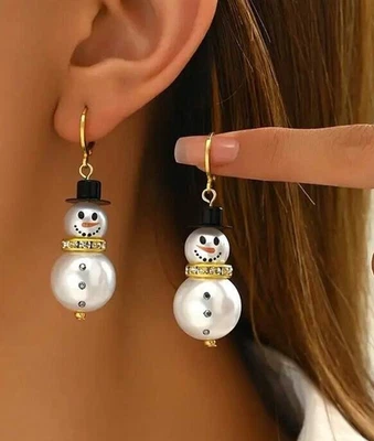 Lovely Christmas Pearl Zircon Snowflake Snowman Drop Dangle Earrings Stud Women - Image 1 of 4