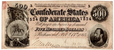1864 $500 Type 64 Confederate States of America Large Note - Image 1 of 2