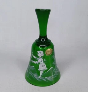 Böhmen Glas Tschechisch Grün Kunst Glasglocke Handbemalt In Tschechoslowakei 6" - Bild 1 von 23
