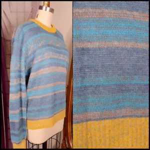 vtg 70s **ICY BLUE GEOMETRIC* gold stripe nerdy ski lodge party SWEATER M - Picture 1 of 10