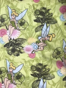 Tinker Bell Flannel Fabric On Green W Flowers Adorable Vintage Design 1 Yard - Picture 1 of 1