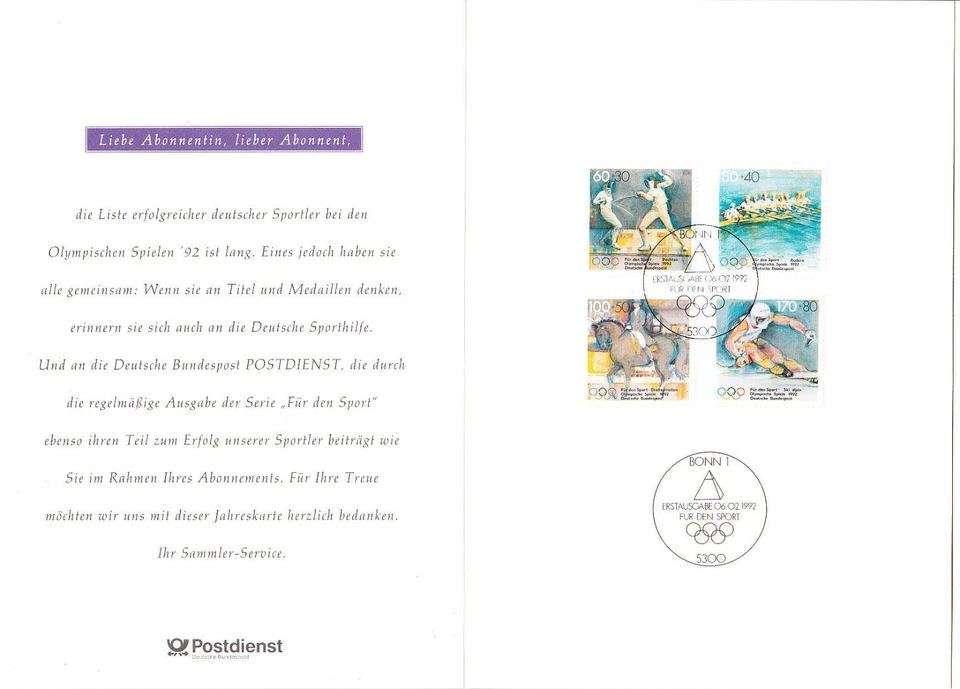 Germany 1992 Klappkarte FDC booklet Mi 1592-1595 Sc B724-727 Olympics sports - Image 1 of 1