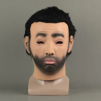 Cosplay Man Human Face Male Bald Beard Disguise Halloween Masquerade Mask Latex - Image 1 of 4