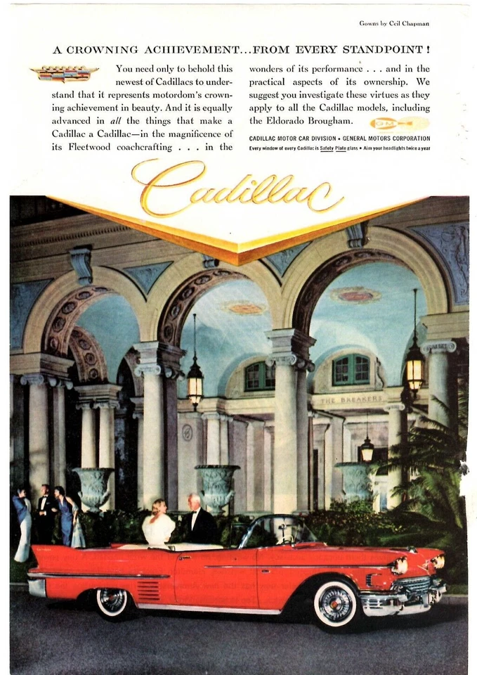 1958 Print Ad Red Cadillac The Breakers Hotel  Gowns by Ceil Chapman GM - Image 1 of 1