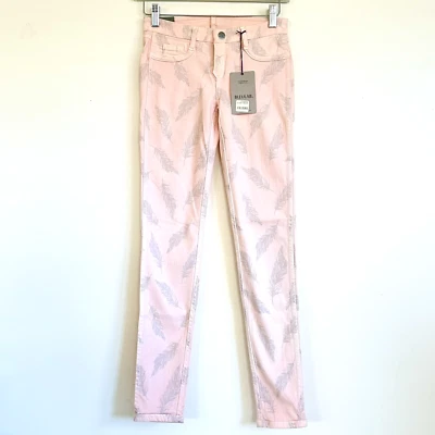 Bleu Lab 8 Pocket Pink Silver Feather Reversible Skinny Jeans Size 24 NWT $239 - Image 1 of 4