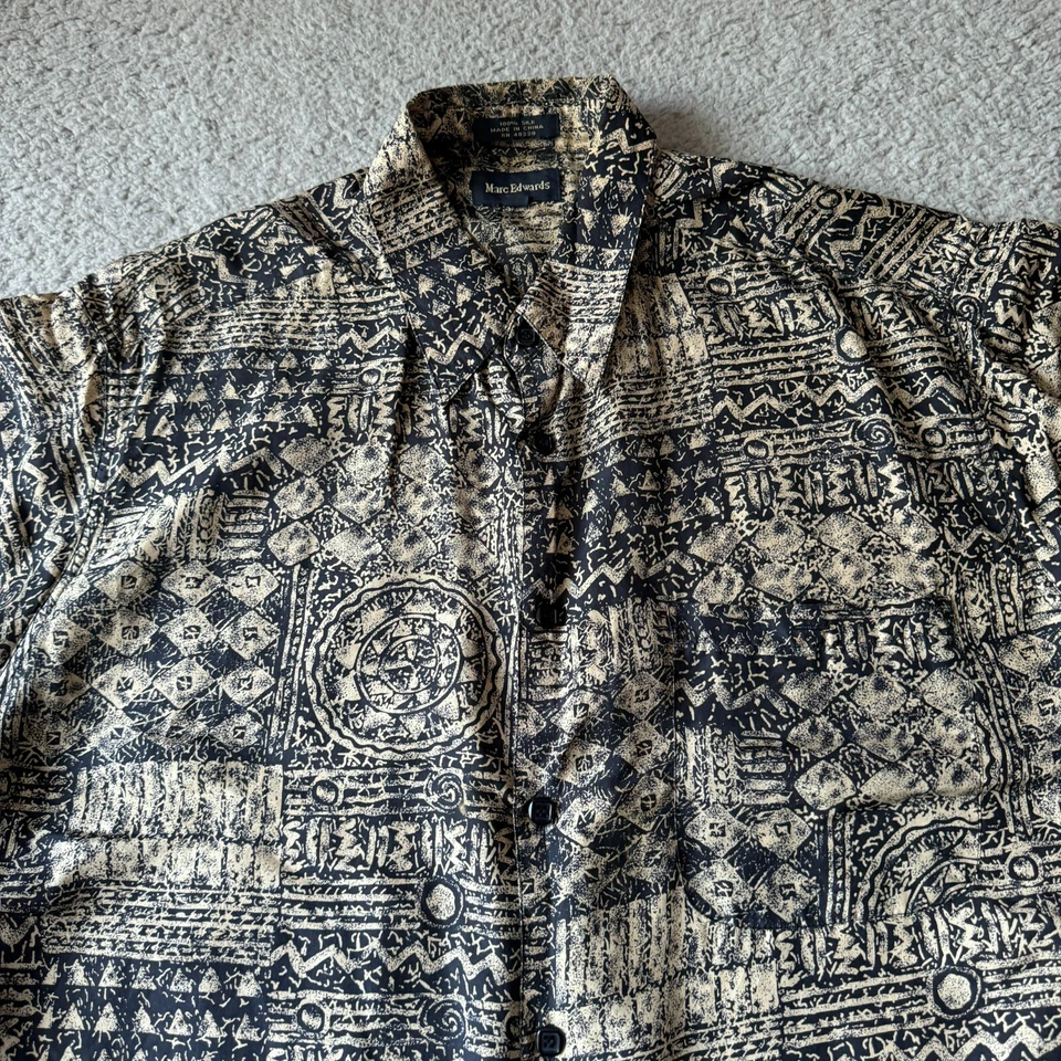 Marc Edwards Shirt Mens Large Black Graphic Print 100% Silk Button Up Camp Aloha - Image 1 of 4