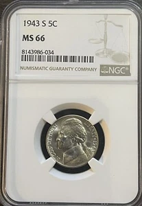 1943-S Jefferson Silver War Nickel NGC Gem MS66 - Picture 1 of 4