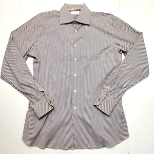 PRADA Button Front Dress Shirt Men's 16.5 EU 42 LARGE L Blue Brown Striped ITALY - Picture 1 of 7