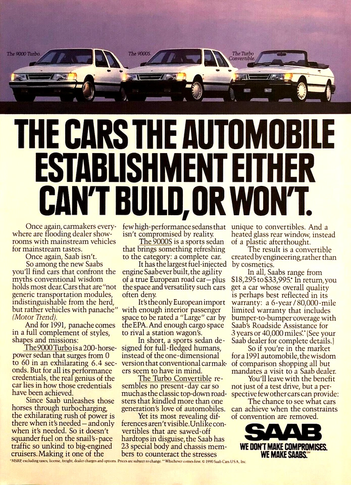 1991 SAAB: 9000 TURBO / 9000S / TURBO CONVERTIBLE—VINTAGE MAGAZINE PRINT AD - Image 1 of 1