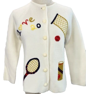 Leroy Vintage 70's Women's Small Tennis Sweater Cardigan Ivory with Embroidery - Picture 1 of 16