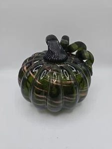 Art Glass Pumpkin Brown Green Gold Glitter 5”, Coil Stem (READ) - Picture 1 of 7