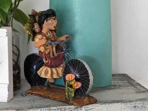 Handmade Gift | Woman on Bicycle with 4 Monkeys Original Art & Clay Figurine - Picture 1 of 9