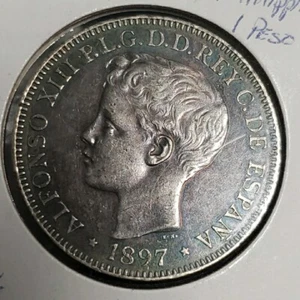 Philippines 1 peso Spanish Coinage Child Alfonso XIII XF silver coin 1897 - Picture 1 of 5
