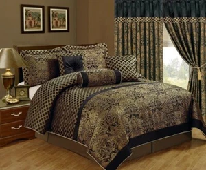 Chezmoi Collection Lisbon 7-Piece Black/Gold Jacquard Floral Comforter Set - Picture 1 of 8