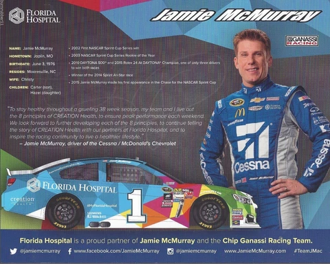 2016 JAMIE MCMURRAY "FLORIDA HOSPITAL CHEVY SS" #1 NASCAR SPRINT CUP POSTCARD Cover