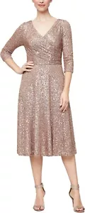 Alex Evenings Dress Size 8 Petite Latte Gold Sequin 3/4 Sleeve A-line Party - Picture 1 of 3