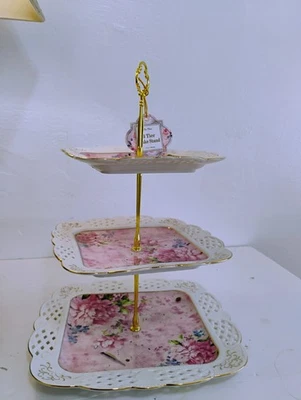 Tea Time By Maison Blanc Lattice 3-tier Porcelain Tray Pink Roses Gold Trim   K - Image 1 of 2