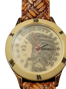 Reloj Masino Vintage Esfera Moneda - Moneda Cabeza India 1914 Correa Cuero Tooled  - Imagen 1 de 7