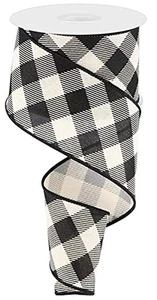 Diagonal Plaid Check Wired Edge Ribbon - 10 Yards (Cream, Black, 2.5 Inch) - Picture 1 of 1