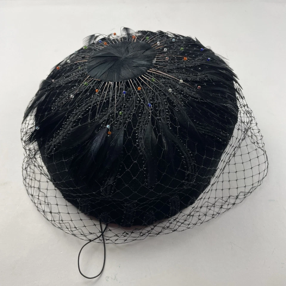 Винтажный 50-х 60-х Софи Нью-Йорк Fleur сделано Франции черный пернатый Vail шляпа EUC M/S - Изображение 1 из 4