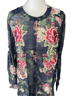 Tribal Blouse Womens Medium Navy Blue Floral Embroidered Sheer Button Up Shirt - Image 1 of 4