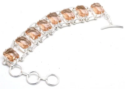 Brazalete de joyería de plata de ley 925 hecho a mano con piedras preciosas de morganita melocotón tamaño-7-8" Foto 1 de 2