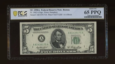 DBR 1950-A $5 FRN Boston Gem Fr. 1962-A PCGS-B 65 PPQ Serial A81439175A - Image 1 of 2