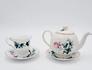 Crown Dorset Ivy Rose Tea Pot And Tea Cup Lot - Picture 1 of 20