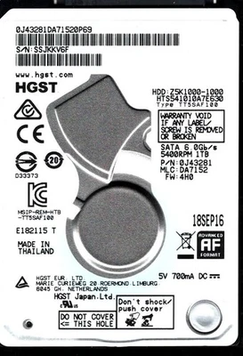 HTS541010A7E630 P/N: 0J43281 MLC: DA7152 THAILAND SEP 2016 HGST 1TB - Image 1 of 2