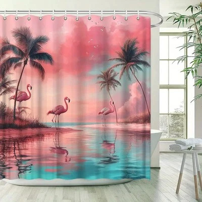 Cortina de ducha impermeable Pink Sky Flamingo Beach varios tamaños Foto 1 de 4