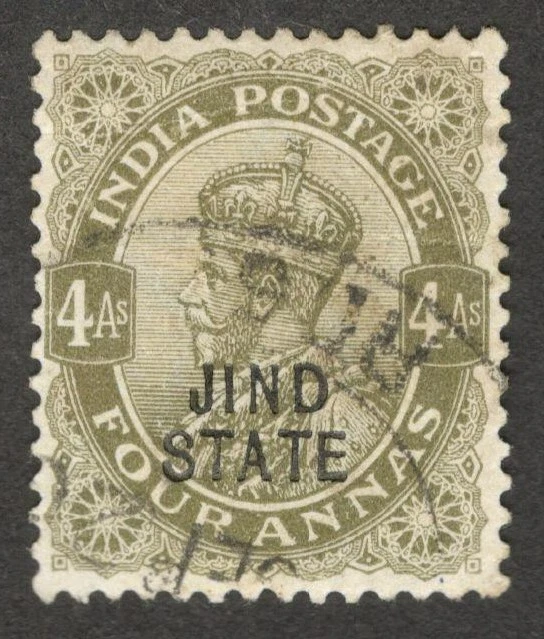 (AOP) India Jind State KGV 1914-27 4a оливковый б/у. SG 72 £14 - Изображение 1 из 1