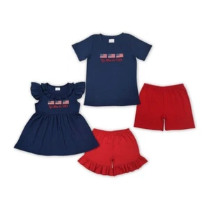 Abito pantaloncino rosso top blu navy God Bless The USA ricamo bandiere - Foto 1 di 8