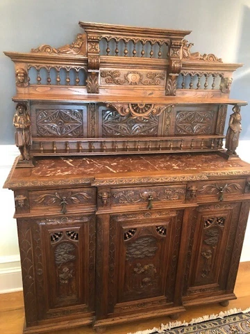 Antique Sideboard, Breton, French Provincial Carved Oak Sideboard, 1900's! Cover