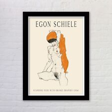 Framed Egon Schiele Art Poster Print Standing Nude with Orange Drapery Line Art