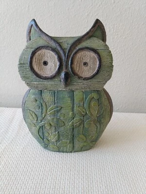 Indoor/Outdoor Green Faux Wood Carved Owl 8" Tall, 6" Wide - Image 1 of 4