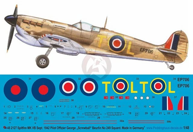 Peddinghaus 1/48 Spitfire Mk VB(trop) Markings George Beurling Malta 1942 2127 - Image 1 of 1