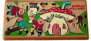 Vintage Simplex Holland Miniature\Wood Puzzle Mushroom & Gnomes 2 1/8" x 4.5" - Picture 1 of 5